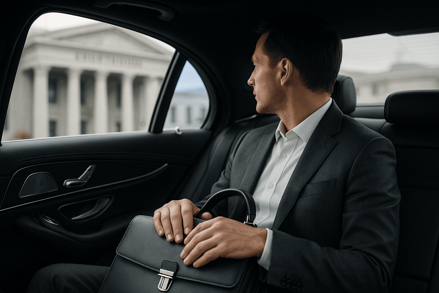Professional lawyer in the backseat of a luxury sedan approaching the courthouse, a serene moment of preparation